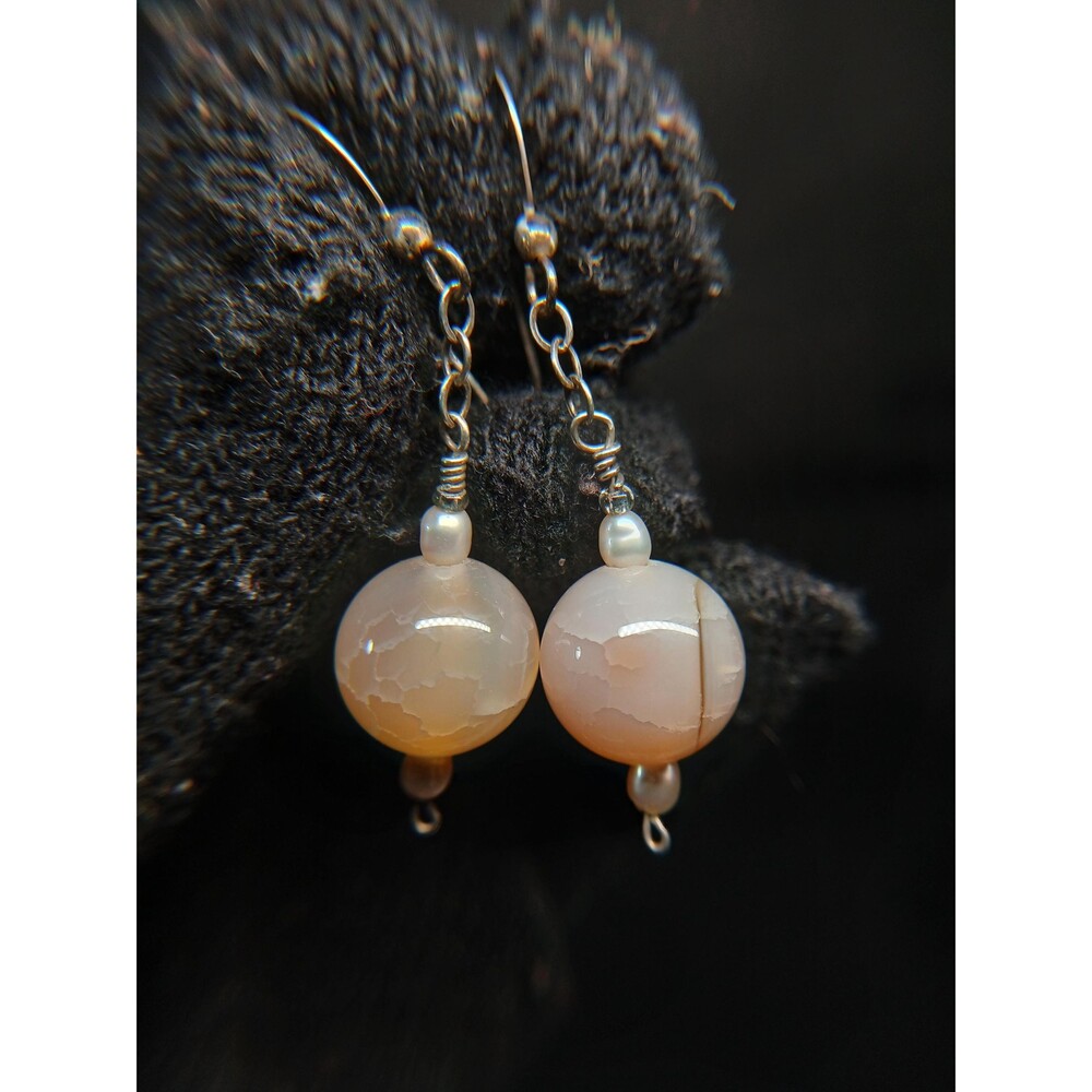 Sterling Silver 925 Rose Quartz Pearl Dangle Earrings 1.75"